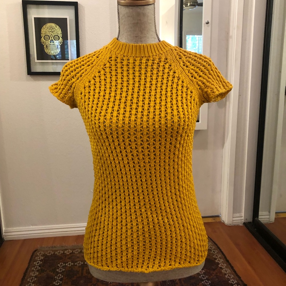 Derek Lam yellow knit, short-sleeve sweater.